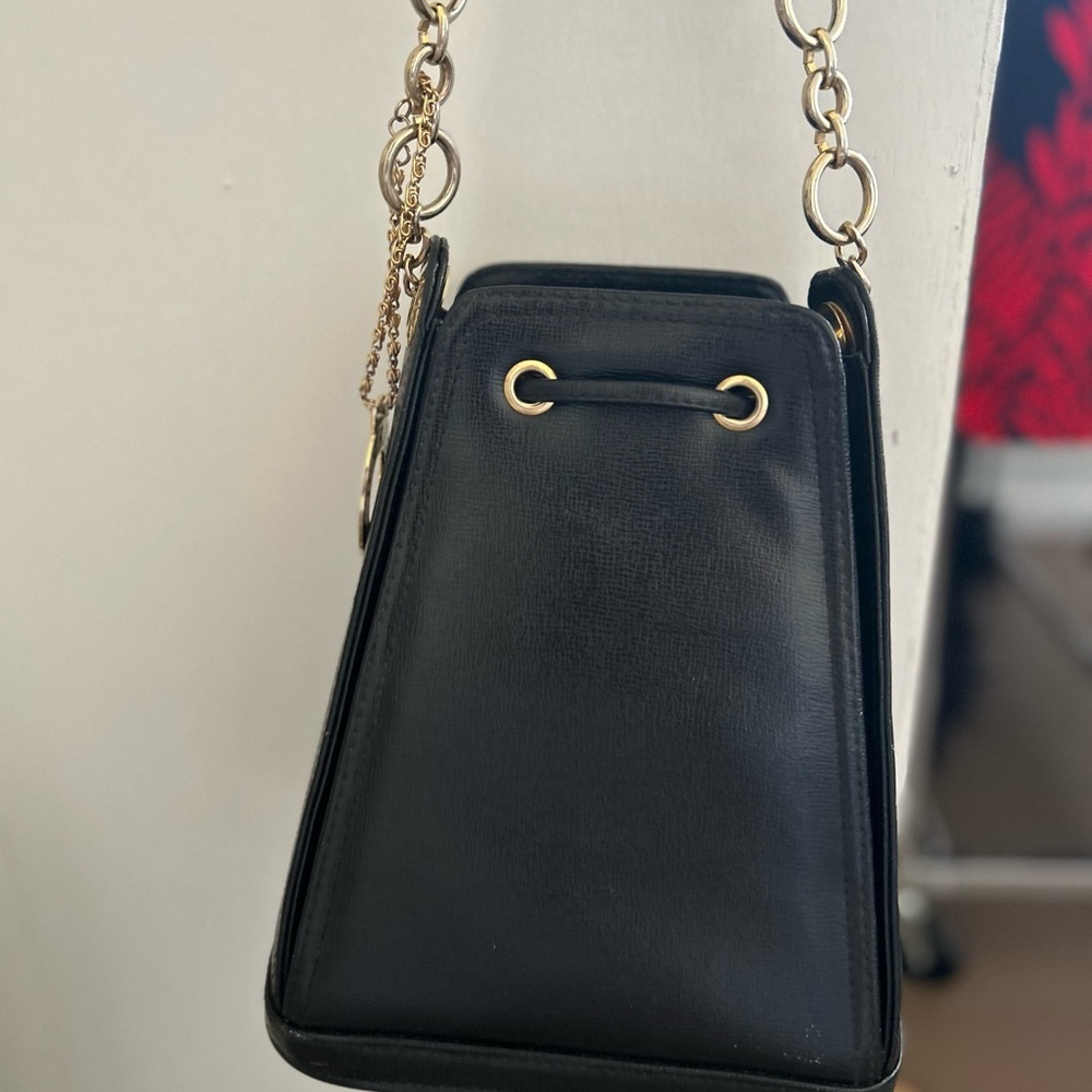 Small Black Crossbody Bag with Gold Accents and Drawstring Closure - Picture 7 of 11